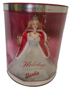 Barbie Doll Holiday Celebration 2001 Edition, White Dress w/Red Mantel, Blonde - Picture 1 of 7