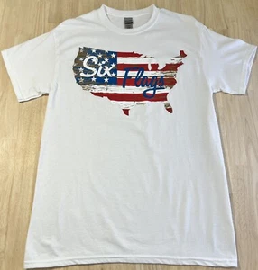 (M) SIX FLAGS America Flag USA Shirt ADULT White PATRIOTIC Graphic Tee NWOT - Picture 1 of 6