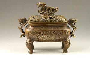Antiguo incensario quemador de incienso de bronce dragones vivos exquisitos firmado hecho a mano - Imagen 1 de 5