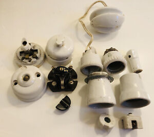Accessoires électriques anciens en porcelaine: interrupteurs, douilles et divers