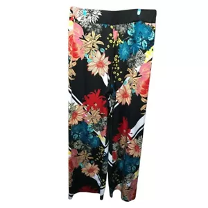 Sunny Leigh Black Peach Red Floral Pattern Pull on Women's Palazzo Pants - Picture 1 of 4