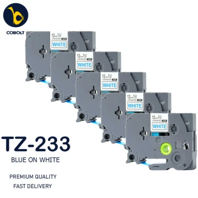 5 Label Tape Compatible With Brother Blue on White TZ233 PTE300VP D600VP D800W - Image 1 of 4