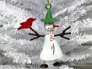 Prim Style Hand Painted Welded Metal Snowman w/ Red Bird Christmas Tree Ornament - Picture 1 of 3