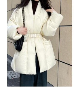 Women's Fashion V Neck Belt Padded Winter Down Puffer Jacket Coat Overcoat 3892 - Picture 1 of 10