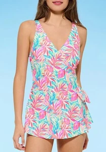 NWT/NEW Decree Juniors XS One Piece Exotic Leaf Swim Dress Swimsuit V neck - Bild 1 von 4