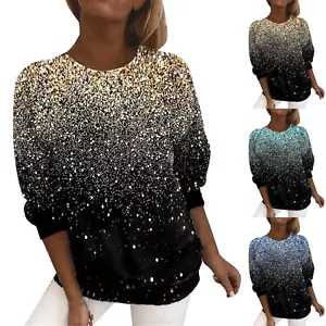 Women's Sparkle Sequined Printed Loose Blouse Long Sleeve Crew Neck Trendy Shirt - Picture 1 of 20