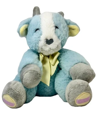 Animal Adventure Plush Kid Goat Fluffy Cream Gray Light Blue Horns Toy Lovey 8” - Image 1 of 4