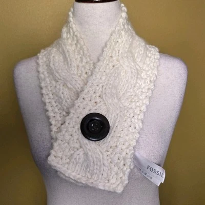 New FOSSIL Tori Pristine Acrylic Soft Scarf Neutral Crochet Ivory Large Button  - Image 1 of 4