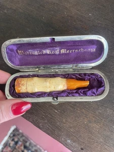 Vintage Antique Meerschaum Cheroot ? Pipe original Lime green Velvet case - Picture 1 of 10