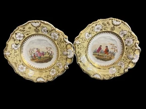 BEAUTIFUL ANTIQUE VICTORIAN RIDGEWAY YELLOW & GILT GOLD SCENIC PLATES - Picture 1 of 8