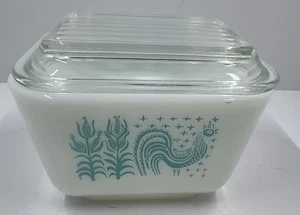 Pyrex weiß/türkis Butterprint 1,5 Tassen rechteckig Kühlschrank Geschirr - Bild 1 von 9