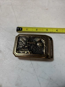 VINTAGE Belt Buckle.  Train going over a bridge. Hand made of SOLID BRASS - Picture 1 of 7