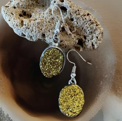 Yellow Titanium Druzy Gemstone earrings - Sterling Silver Plated-New - Image 1 of 2