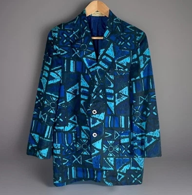 VTG RARE Sandwich Isles Tiki Sport Coat Blazer Jacket 36R 1960s! Blues & Teal - Image 1 of 4