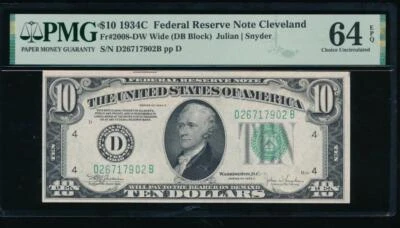 AC 1934C $10 Cleveland FRN PMG 64 EPQ Fr 2008-D - Image 1 of 2