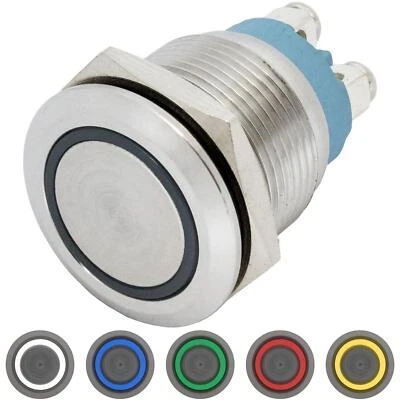 Stainless steel Push button Flat Ø19mm Ring LED IP65 Screw Connection 250V 3A Va - Image 1 of 3