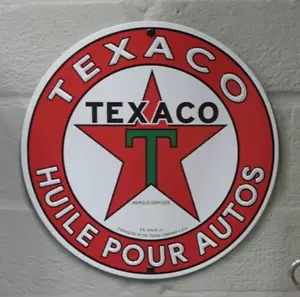 Texaco Huile Pour Auto Oil French Embossed Tin Sign 20cm Round - Picture 1 of 4