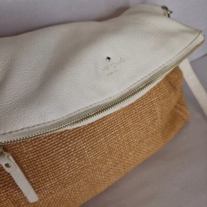 Kate Spade Tan and White Burlap and Leather Shoulder Bag Good Condition Casual - Picture 1 of 24