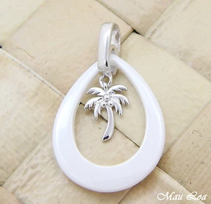 925 Silver Rhodium Hawaiian Coconut Palm Tree White Ceramic Tear Drop Pendant - Picture 1 of 2