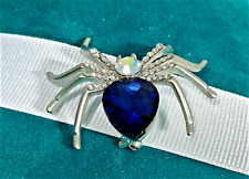BETSEY JOHNSON BROOCH PIN SILVER SPIDER BLUE CRYSTAL FREE PURPLE LEATHER CORD