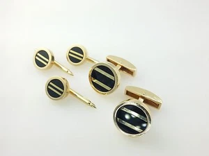 14K Yellow Gold Round Roman Numeral 2 Black Onyx Cufflinks & 3 Shirt Studs Set - Picture 1 of 12