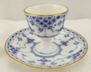 Royal Copenhagen Blue Fluted Half Lace Gold Trim 543 Egg Cup Attached Plate C - Picture 1 of 5