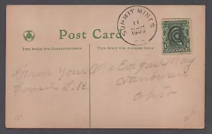 **US 20th Century RR Post Card, Summit Mines, PA, 1908 CDS, DPO2 - Bild 1 von 2