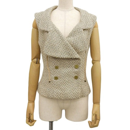 CHANEL 01P Gilet Giacca Gilet Lana Seta Beige Nero 40 Donna
