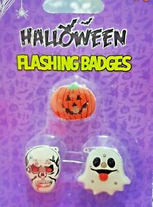3 x Flashing LED Halloween Badges Trick or Treat Kids Party Ghost Pumpkin Skull 