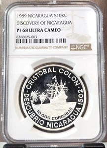 1989 NICARAGUA SILVER 10000 CORDOBAS DISCOVERY NGC PF 68 ULTRA CAMEO GEM PROOF - Picture 1 of 3