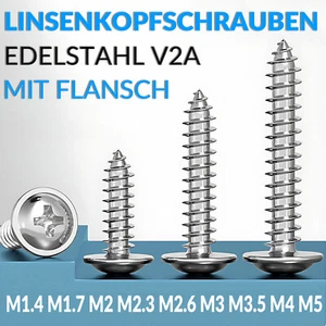 Linsenkopfschrauben mit Flansch Edelstahl V2A Blech/Holz Schrauben M1.4 Bis M5 - Picture 1 of 84