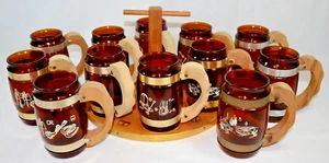 Siesta Ware Western Ranch 12 Beer Mugs w Handles & Wooden Caddy Stand (KMT) - Picture 1 of 9