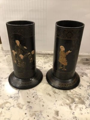 Jarrón/soporte de cepillo antiguo japonés para derrames de Chinoiserie, pintado a mano negro y dorado Foto 1 de 4