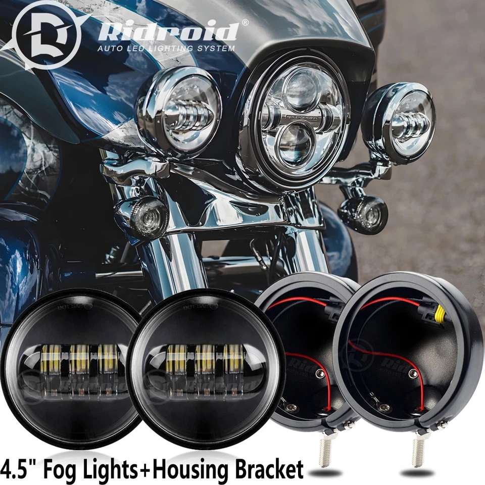 Black 4.5" Inch LED Spot Fog Passing Lights + Housing Holder For Harley Davidson Foto 1 de 4