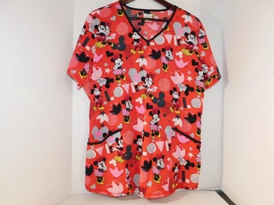 Disney Mickey and Minnie Mouse Love Women’s Scrub Top Red, Size XL Valentines - Image 1 of 4