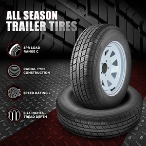2 Radial Trailer Tire Rim Set ST205/75R15 Load C 5-Lug 8 Spoke Wheel All Season - Picture 1 of 8