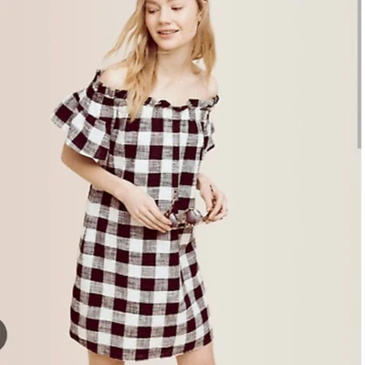 Anthropologie Corey Lynn Calter Vestido Lino Hombro Descubierto Bolsillos Grandes Gingham  Foto 1 de 4