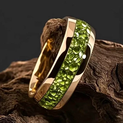 Men 8mm Titanium Gold Plated Green Galaxy Crystal Glow Comfort-Fit Wedding Band - Image 1 of 4