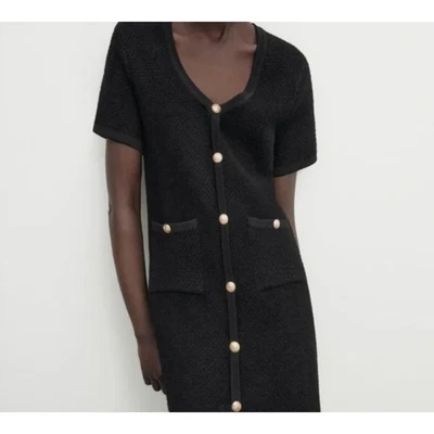 Massimo Dutti Black Mini Dress Gold Button Knit Short Sleeve S NWT Dark Academia - Image 1 of 4