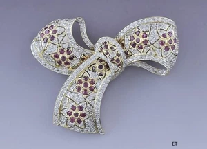 Stunning 18k White & Yellow Gold Diamond Ruby Ribbon Pin / Brooch - Picture 1 of 4