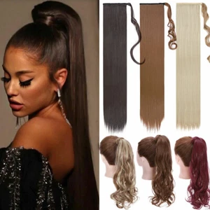 US Real Thick Clip In As Human Hair Extensions Wrap On Ponytail Natural Long 32" - Picture 1 of 66