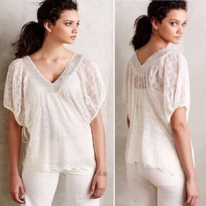 Anthropologie embellished cream lace V neck butterfly blouse size M boho spring - Picture 1 of 7