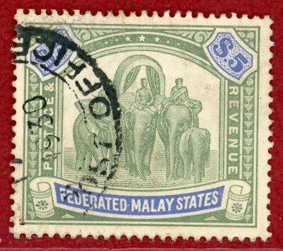Malásia 1900 #16, $5 Elefante, Usado, SCV $500.00 - Imagem 1 de 2