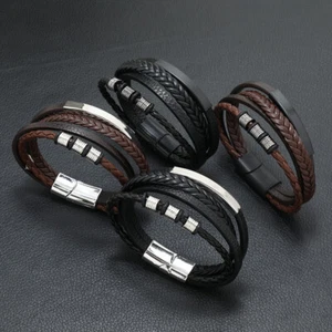 Bracciale uomo pelle braccialetto pelle 21 cm chiusura fibbia magnetica - Foto 1 di 7