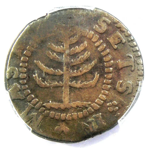 1652 Massachusetts Pine Tree Silver Shilling 1S - Certified PCGS F15 - Rare Coin Cover