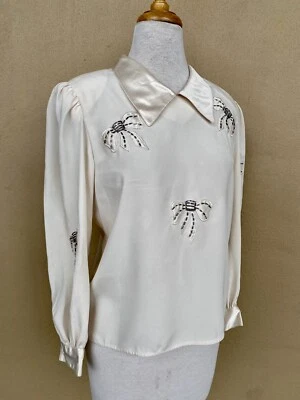 Vtg 80's Ivory Nilani Blouse Hand Beaded Bow Appliqué Puff Shoulder Victorian 6 - Imagem 1 de 4
