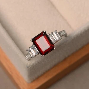 Red Garnet Women Ring Emerald Cut Natural Gemstone 925 Sterling Silver Ring - Picture 1 of 5
