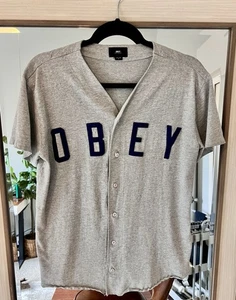 OBEY Vintage Baseball Jersey Style Gray Button Up Size Small Shirt Cotton RARE - Picture 1 of 4
