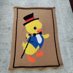 Vintage Duck Top Hat Tuxedo Crochet Hand Knit Afghan Blanket Nursery 36"x 52" - Picture 1 of 3