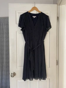 Dressbarn Women's Size 18 Polka Dot Dress Navy Blue Pleating Tie Waist - Picture 1 of 5